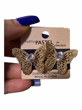Top&Top Pastel Gold Butterfly Cubic Zirconia Studs - Gold